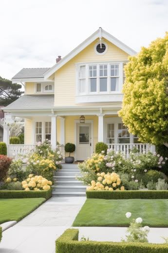 Retro House Exterior, Houses With Porches, Blue Home Exterior, Yellow Beach House, Yellow House Exterior, Home Exterior Ideas, Old Fashioned House, Pastel Home, Beach House Exterior