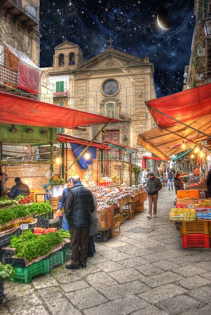 Palermo markets are the most colorful in southern Italy. At these markets, all the bounty of Sicily -- fruits, vegetables, fish -- is elegantly displayed. Love how the markets are tucked in the city's medieval center.    Palermo Sicily Market Place by Cat Girl 007, via Flickr Market Place Painting, Market Place Architecture, Market Story, Sicily Beach, Travel Sicily, Food Europe, Italian Living, Colorful Buildings, Italian Market