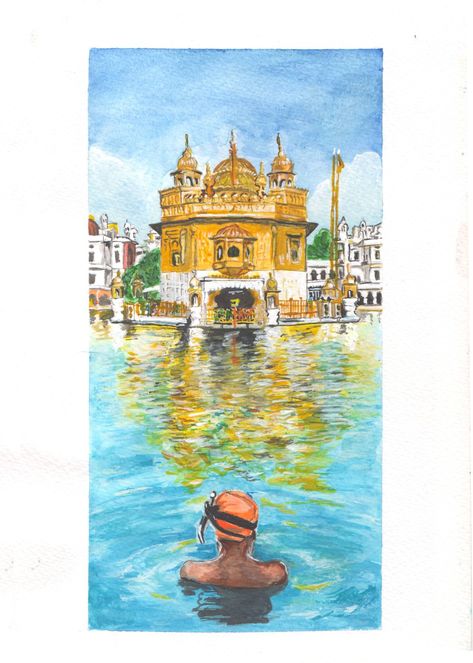 The #Golden Temple made with #watercolor. Sketch Of Golden Temple, Golden Temple Drawing, Golden Temple Sketch, Golden Temple Painting, Inktober Ideas, Temple Drawing, Darbar Sahib, Posters Aesthetic, Rajasthani Art