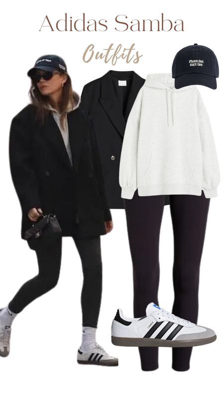 Adidas Samba Black Hailey Bieber, Sporty Weekend Outfit, Workout To Work Outfits, Sambas And Leggings Outfit, Sporty Mom Outfits Winter, Black Sweat Suit Outfit, Womens Sporty Outfits, Travel Outfits Autumn, Athlesiure Fits Women Winter