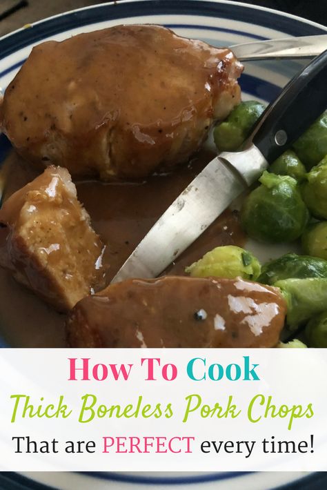 This super easy recipe for how to cook thick boneless pork chops is foolproof! You start by pan searing these pork chops and then finish them off by baking them in the oven. This super easy recipe results in tasty, juicy pork chops every single time! You have to try these! #porkchops #howtobakeporkchops #easyporkchoprecipe Slow Cooker Thick Pork Chops, Thick Pork Chop Recipes Crockpot, Baked Thick Pork Chops, Thick Boneless Pork Chops, Thick Pork Chop Recipe, Pork Loin Chops Recipes, Oven Pork Chops, Thick Cut Pork Chops, Boneless Pork Chop Recipes