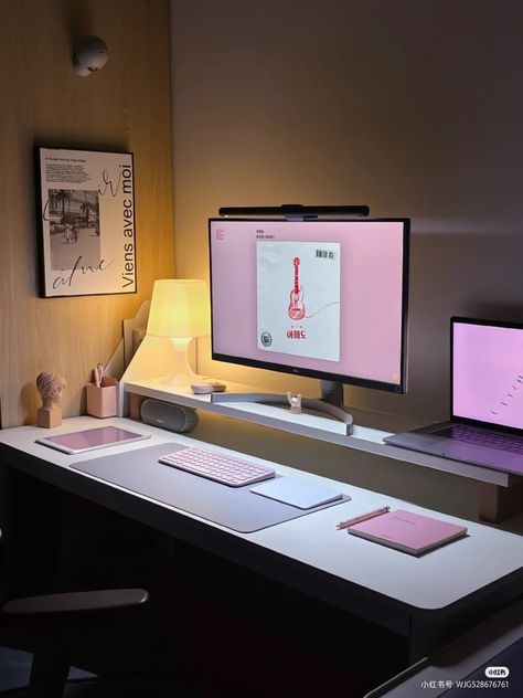 Work From Home Monitor Setup, Desk Setup With Laptop And Monitor, Tv Feature Wall Ideas, Tv Over Fireplace Ideas, Stand Decoration Ideas, Fireplaces Tv, Tv Wall Built In Ideas, Study Desk Ideas, Tv Stands Living Room