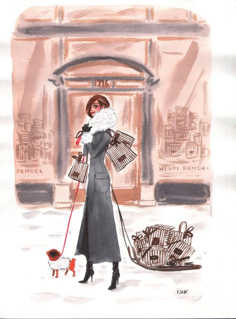 Izak Zenou illustration Henri Bendel Illustration, Parisian Art, Vintage Christmas Images, Design Moda, Fashion Design Collection, Lifestyle Illustration, Dog Lady, Boutique Logo, Elegant Art