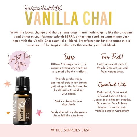 Doterra Vanilla Chai Diffuser Blends, Doterra Oils Recipes, Essential Oil Education, Doterra Oil, Vanilla Chai, Kids Craft Ideas, Diffuser Blend, Doterra Oils, Diffuser Blends