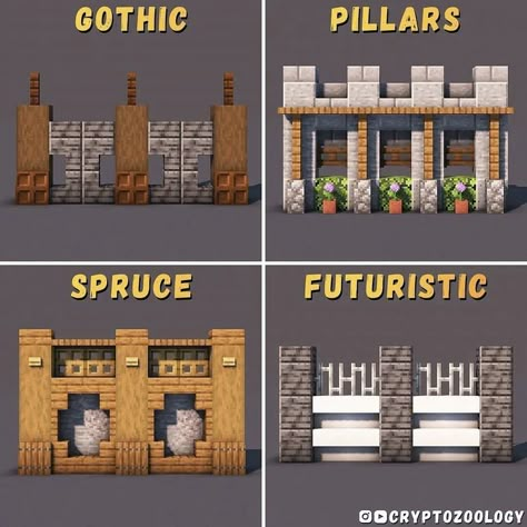 Minecraft Houses With Tutorial, Minecraft Gate Ideas, Minecraft Pillar Designs, Minecraft Wall Design, Minecraft Wall Ideas, Minecraft Zoo Ideas, Wall Designs Ideas, Minecraft Wall Designs, Design Walls