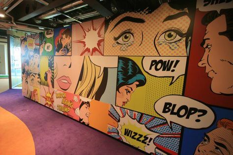 BAM Pop Art Mural Wall, Retro Wall Painting, Comic Mural, Pop Art Office, Pop Art Mural, Wallpaper Comic, Pop Art Party, Comic Pop Art, Office Mural