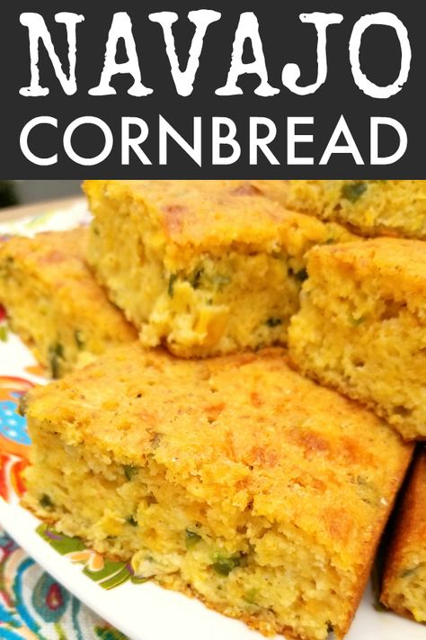 Ojibwe Food Recipes, Cornbread With Peppers, Corn Bread Using Yellow Corn Meal And Creamed Corn, Yellow Corn Meal Recipe, Navajo Food Recipes, Sheet Pan Cornbread, Savory Cornbread Muffins, Corn Bread Using Yellow Corn Meal, Navajo Cornbread