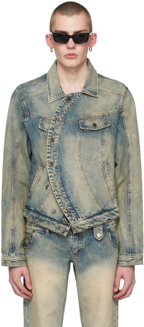 Non-stretch denim jacket. Fading throughout. · Wrap construction · Spread collar · Asymmetric button closure · Flap and welt pockets · Single-button barrel cuffs · Adjustable button tabs at back waistband · Patch pockets at interior · Unlined · Logo-engraved bronze-tone hardware · Contrast stitching in tan Supplier color: Champagne Activewear Photoshoot, Denim Jacket And Jeans, Biker Denim, Jean Jacket Outfits, Denim Workwear, Denim Projects, Jeans Outfit Casual, Fashion Drawing Dresses, Denim Pocket