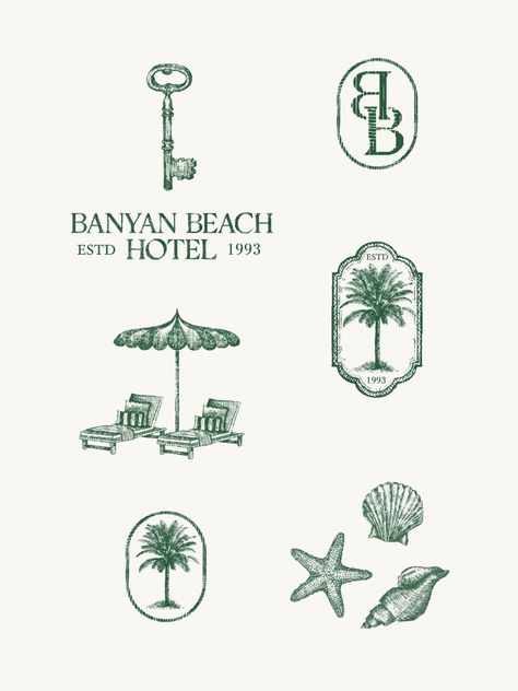 Banyan Beach Hotel - Hand-drawn vintage logo set logoroom #logoguide #logoshop #logosticker🔻. Logo Design Women, Antique Logo, Beach Logo, Boutique Logo Design, Flower Logo Design, Hotel Logo, Logo Unique, Vintage Hotels, Golden Goddess