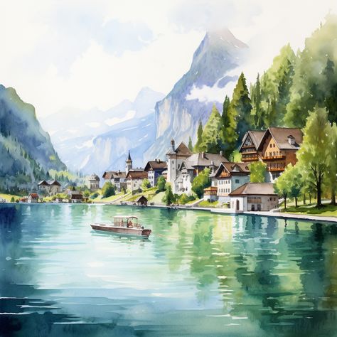 Watercolor Switzerland, Buildings Painting, Blausee Switzerland, Mountain Inspiration, Switzerland Painting, Bullet Art, Urban Painting, Watercolor Art Landscape, Rural Lifestyle