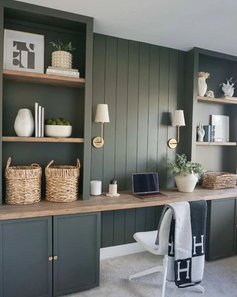 Explore Top 23 Home Office Paint Colors 2024 for Stylish Workspaces - placeideal.com Green Built Ins Living Room, Modern Farmhouse Home Office, Home Office Paint Colors, Home Office Paint, Paint Colors 2024, Farmhouse Home Office, Green Home Offices, Office Paint Colors, Office Built Ins