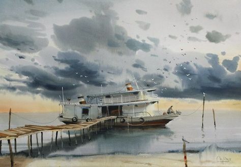 Art Mini Toile, Thomas Schaller, Watercolor Boat, Painting Demo, Cat Air, 수채화 그림, Watercolor Artists, Watercolor Inspiration, Mini Canvas Art