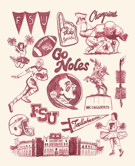 Florida State University Vintage Gameday Tailgate watercolor art print is a print of a my hand drawn, watercolor painting. It features the many iconic elements that represent a football gameday at FSU- with a nostalgic vintage football twist. Go Noles! artxnikki is a licensed Florida State University artist- The University names and logos on this product are registered trademarks of Florida State University. It is printed on a cold press, watercolor textured paper. Acid free, archival, and very sturdy with a matte finish. They are quickly shipped in both a plastic protective sleeve and a rigid mailer to ensure its safety during shipping. Each print is made to order- printed, cut, and packaged by hand in my home. Sizes: 8x10, 11x14Please note! No frame is included- they are just the physica Tailgate Illustration, Fsu Aesthetic, Tailgate Graphic, Fsu Sorority, Bootleg Tshirt, Football Graphics, Florida Football, Football Tailgate, Vintage College