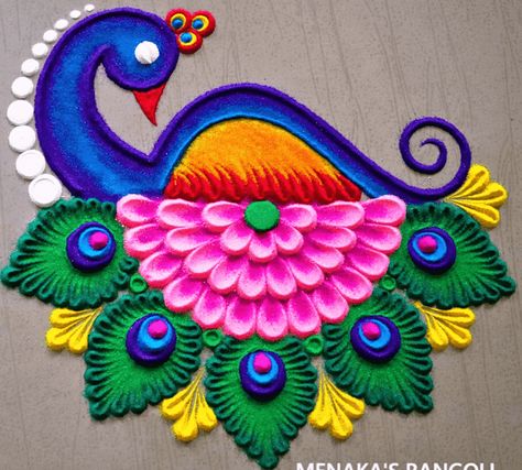 Mor Rangoli, Rangoli Designs For Pongal, Rangoli Designs For Sankranthi, Peacock Kolam, Peacock Rangoli Design, Diwali Special Rangoli Design, Easy Rangoli Designs Videos, Muggulu Designs, Very Easy Rangoli Designs