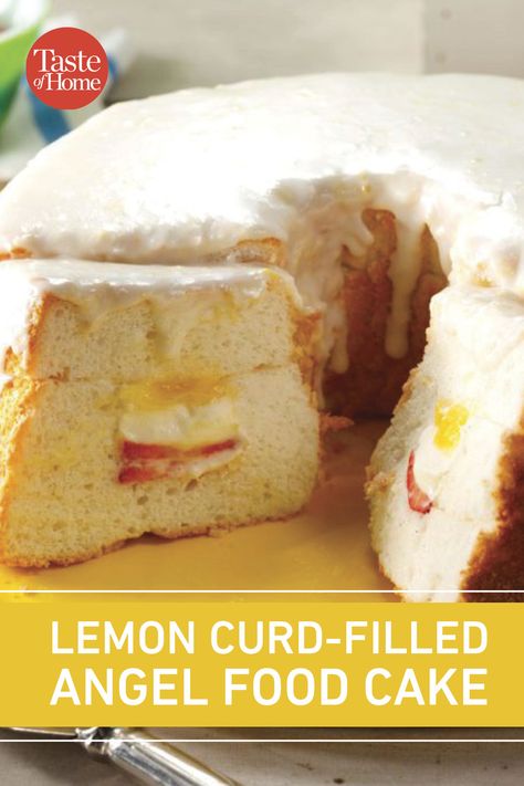 Lemon Curd Angel Food Cake, Angel Food Cake With Lemon Curd, Lemon Angel Food Cake, Sunny Angel, Lemon Chiffon Cake, Angel Food Cake Desserts, Passion Fruit Curd, Pretzel Salad, Lemon Curd Filling