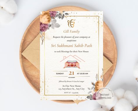 Akhand Path Invitation Card, Sukhmani Sahib Path Invitation, Path Invitation, House Warming Invitation, House Warming Invitations, Invitation Floral, Editing Tutorials, Print Store, Personalized Prints