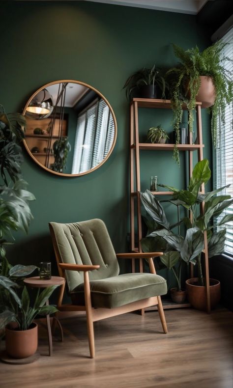 Green Home Offices, Dark Green Living Room, Apartment Makeover, Green Walls, Green Home Decor, Living Room Green, Green Interiors, Home Office Setup, Green Rooms