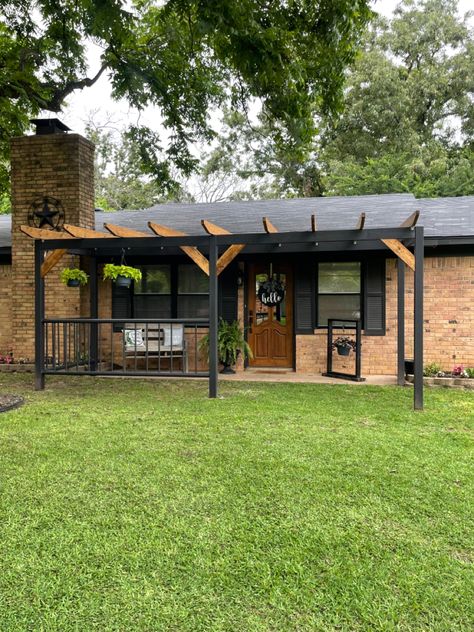 Black Front Porch, Front Door Pergola, Front Porch Pergola, Brick Ranch Houses, Black Pergola, Door Pergola, Front Porch Deck, Porch Pergola, Front Yard Patio