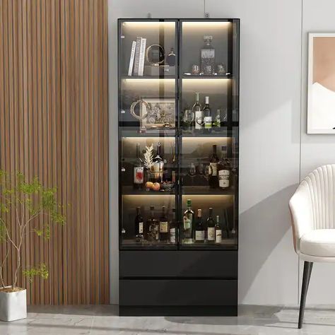 Modern Glass Cabinet, Speakeasy Basement, Accent Storage Cabinet, Dining Cabinet, Accent Storage, Tempered Glass Door, Large Shelves, Glass Cabinet Doors, Glass Cabinet