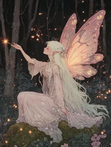 ↑↑↑ Larger size on website 🔸 A delicate fairy with long, flowing white hair and iridescent wings sits on a moss-covered rock in a Iridescent Wings, Embroidery Home Decor, Embroidery Home, Pink Gowns, Diamond Embroidery, Fantasy Fairy, Enchanted Forest, White Hair, Round Diamond