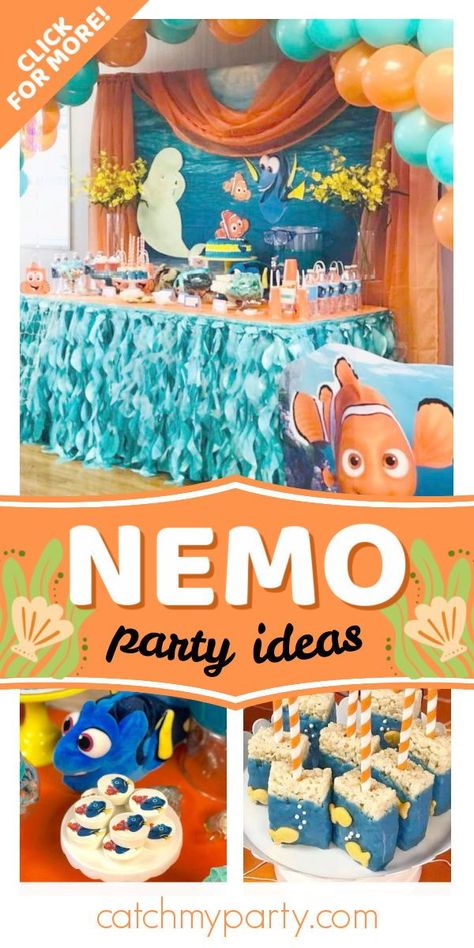 Nemo Themed Birthday Party Food, Finding Nemo Birthday Party Games, Finding Nemo Pool Party, Diy Nemo Decorations, Nemo 3rd Birthday Party, Finding Nemo Two Year Old Birthday, Finding Nemo 2nd Birthday Party Ideas, Finding Nemo Birthday Party Ideas Diy, Finding Nemo Table Decorations