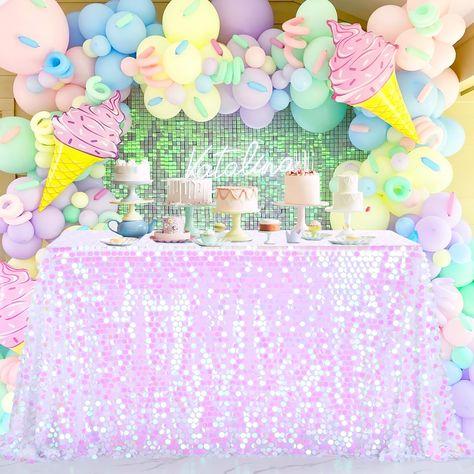 PRICES MAY VARY. SEQUIN TABLECLOTH: Each package includes 1-piece 106"L x 50"W sequin table cloth, easily match your rectangular or round table. Pls Noted: Bottom is a sheer tulle fabric. HIGH WORKMANSHIP: ①18MM embroidered payette sequin, more shiny and not easy to drop the sequins ②Exquisite lock edge, not easy to loosen ③A whole piece, seamless Tablecloth. PARTY TABLE DECORATION: Perfect for Birthday Party, Wedding, Baby Shower, Bridal Shower, Banquet, Holiday, Ceremony, Anniversary Dinner, C Sequin Table Cloth, Candyland Birthday Party, Encanto Birthday, Mermaid Birthday Decorations, Sequin Tablecloth, Sequin Table, Candyland Birthday, Anniversary Dinner, Carnival Birthday Parties