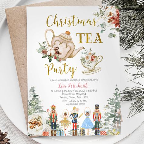 Tea Party Watercolor, Paris Tea Party, Nutcracker Tea Party, Holiday Tea Party, Tea Party Bridal Shower Invitations, Christmas Wedding Themes, Tea Bridal Shower Invitations, Christmas Bridal Shower, Christmas Bridal Showers