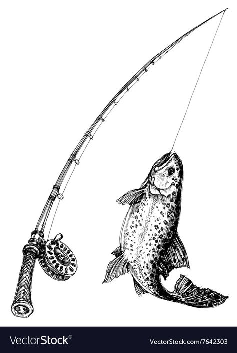 Cool Fish Drawing, Fly Rod Tattoo, Fishing Rods, Fly Fishing Drawing, Fly Fishing Rod Tattoo, Fishing Tattoo Ideas, Fishing Art, Fishing Pole Drawing, Fishing Illustration