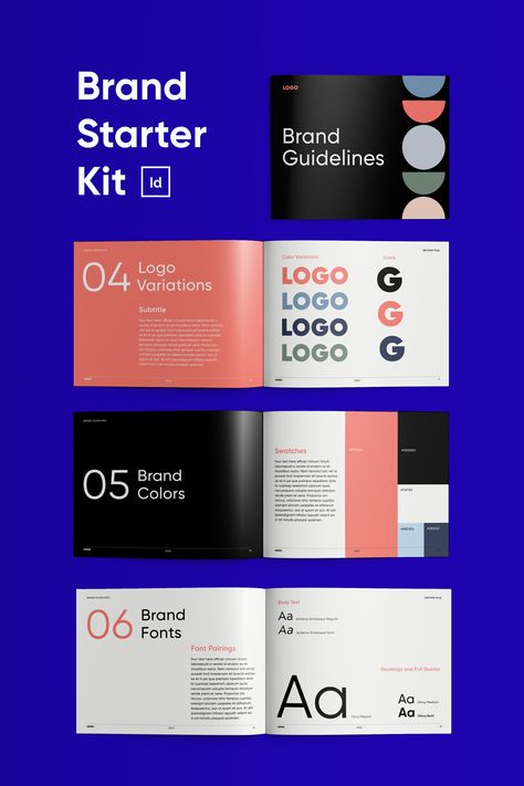 Brand Starter Kit for InDesign | Brand Guidelines Template Pack Branding Book Design, Branding Guidelines Design, Indesign Templates Free, Brand Guidelines Book, Rollup Design, Indesign Free, Brand Guidelines Design, Style Guide Template, Guideline Template