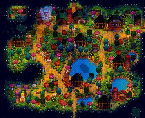 stardew valley concernedape night aesthetic endgame inspiration cottagecore Stardew Valley Farm Aesthetic, Stardew Farm Layout, Stardew Layout, Farm Layout Ideas, Stardew Valley House, Stardew Valley Farm Ideas, Stardew Valley Farm Layout, Stardew Farm, Farm Layouts