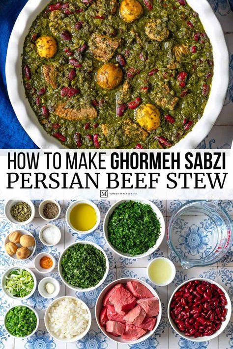 Ghormeh Sabzi is an intensely flavorful Persian beef stew with dried limes, fenugreek leaves and fresh herbs fried until concentrated. Try it with this easy Ghormeh Sabzi recipe! Persian Beef Stew, Persian Beef, Dried Limes, Iranian Recipes, Persian Recipes, Food Indian, The Mediterranean Dish, 2024 Recipes, Persian Cuisine