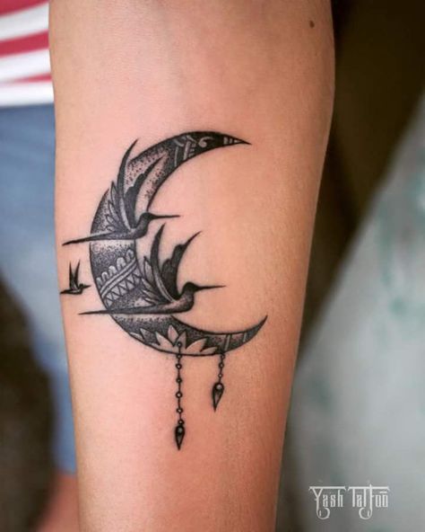 Small work moon with birds Moon And Birds Tattoo, Moon With Birds Tattoo, Moon And Bird Tattoo, River Tattoo, Tattoo 2024, Mocking Birds, Bird Tattoo, Moon River, Birds Tattoo