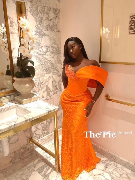 Gold Prom Dresses Black Women, Eid Outfits African, Event Dresses Classy, Pink White Dress, Prom Dresses Black Women, Orange Prom Dresses, Nigerian Dress, African Party Dresses, Nigerian Lace Styles Dress