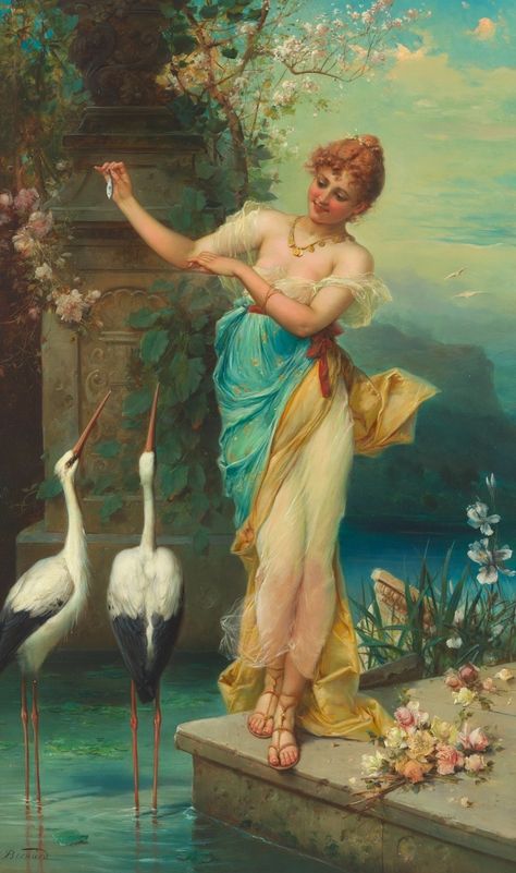 Artwork by Hans Zatzka, Maiden feeding two cranes, Made of Oil on canvas Hans Zatzka, 17 December, Painted Cottage, Foto Art, Oil Painting Reproductions, Romantic Art, Painting Reproductions, 인물 사진, Dresden