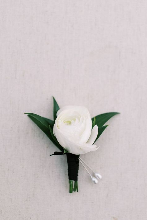 White Ranunculus Boutonniere, Wedding Ranunculus, White And Blush Wedding, Ranunculus Boutonniere, White Ranunculus, Blue Delphinium, Baby S Breath, Pastel Flowers, Blue Hydrangea