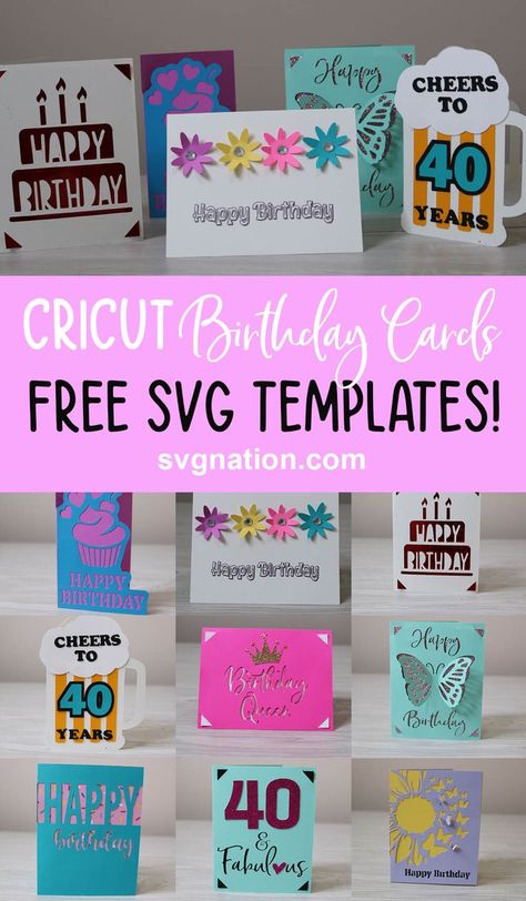 10 different birthday templates that are free to download. Use with your Cricut or Silhouette to make your own birthday cards. Card Embellishments Cricut, Birthday Cards On Cricut, Cricut Card Ideas Cardmaking, Cricut Joy Insert Cards Free Svg, Cricut Cards Ideas Cardmaking Free, Birthday Cards Svg Free, Cricut Joy Birthday Cards Free, Greeting Cards With Cricut, Card Svg Free Templates