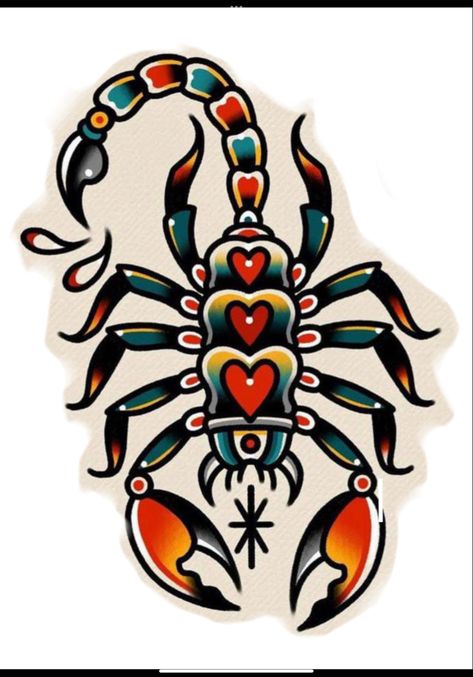 Scorpion Tattoo Design Traditional, Scorpion Tattoo Traditional Black, Unlucky Tattoo Traditional, Scorpio Tattoo Traditional, Scorpion American Traditional Tattoo, Scorpion Tattoo Color, Traditional Tattoo Scorpion, Classic Tattoo Old School, American Traditional Scorpion Tattoo