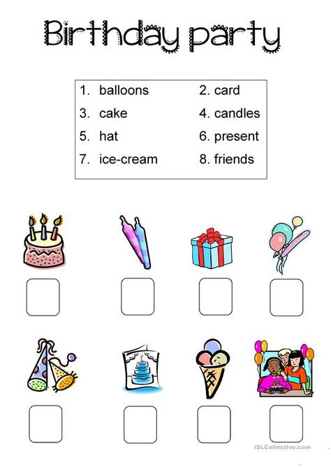 Birthday party simple worksheet. - English ESL Worksheets for distance learning and physical classrooms Birthday Worksheet, Kindergarten Party, Worksheet For Kindergarten, English Worksheets For Kindergarten, Kindergarten Worksheets Free Printables, Free Kindergarten Worksheets, Kindergarten Worksheets Printable, Birthday Activities, English Worksheets For Kids