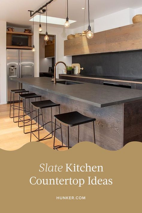 Slate Countertop Kitchen, Slate Kitchen Countertops, Diy White Concrete Countertops, Kitchen Countertop Ideas, Slate Backsplash, Slate Kitchen, Slate Countertop, Concrete Countertops White Cabinets, Slate Appliances