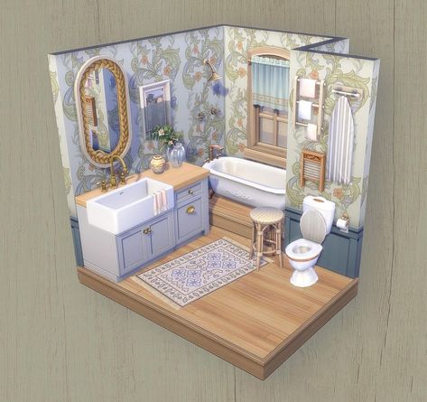 Sims 4 3x3 Bathroom, Sims 4 Houses Interior No Cc, Sims 4 Rich House Interior, Sims 4 Bathroom Layout, Sims 4 Cottage Bathroom, Sims House Ideas Exterior, Sims 4 Master Bed Ideas, Sims Build Inspiration, Sims4 Cottage House