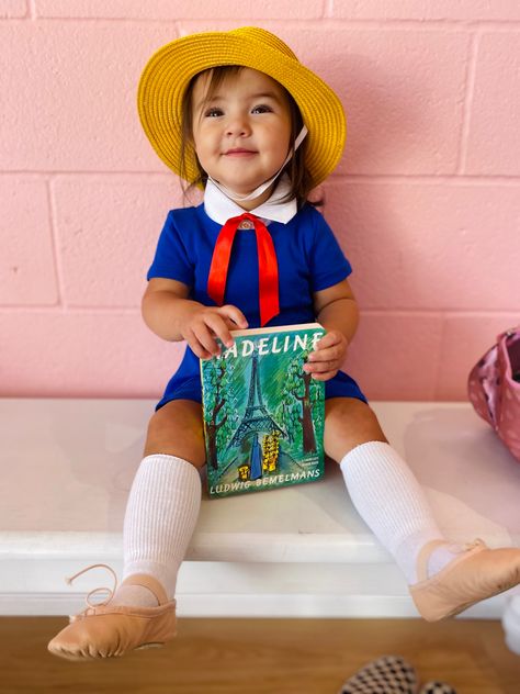 Toddler costume #madeline Toddler Taylor Swift Costume, Ms Rachel Costume, Unique Toddler Girl Halloween Costumes, Easy Diy Toddler Halloween Costumes, Christmas Halloween Costumes, Toddler Girl Halloween Costume, Madeline Costume, Sister Halloween Costumes, Halloween Costume Toddler Girl