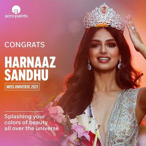 Acro paints congratulate Harnaaz Sandhu on winning the title of Miss Universe 2021 and becoming the third Indian woman to bring the crown home after 21 long years. We are proud of you! Heartiest congratulations! Harnaaz Sandhu, Facebook Frame, Hearty Congratulations, Canvas Learning, Beauty Posters, Event Poster Design, Learning Graphic Design, Indian Woman, Miss Universe