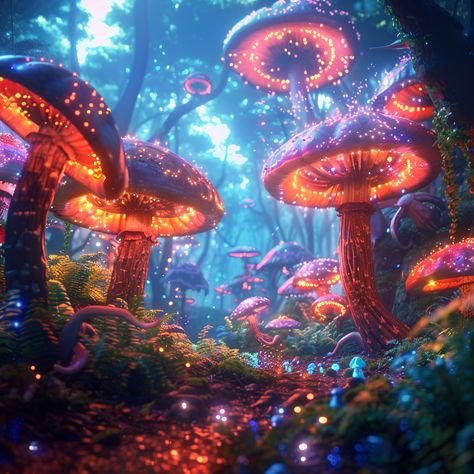 Fantasy Scene: Magic Mushroom Forest with Enchanted Creatures Enchanted Mushroom Forest, Mushroom Forest, Magical Mushroom Forest, Forest Surrealism, Mushroom Forest Fantasy Art, Fantasy Bioluminescent Forest, Fantasy Glowing Forest, Mystical Mushroom Forest, Glowing Mushrooms