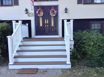 Front porch step makeover! Before, horrible, trip hazard, crumbling, sinking, haunted house feeling for sure! You can see the 'new' block just sitting there - it had been there for some time, as my DH thought he could rebuild the steps himself. Being a guitar player, not the best use of his hands. It was not a good idea to use salt on the steps in winter, as that contributed to the deterioration of the blocks. So, this was the year to finally bite the bullet, and share my idea with a… Step Makeover, Front Porch Step, Front Porch Stairs, Porch Stairs, Front Porch Steps, Stairs Renovation, Front Stairs, Porch Curtains, Front Porch Design