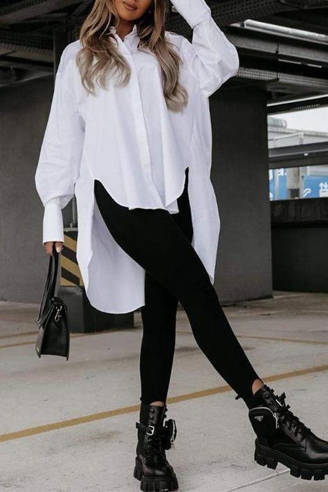 White High Low Hem Lantern Sleeve Top#FlightJacketFashion #CasualStyleTips #CoolJacketLooks #AviationInspired #StylishOuterwear #FashionableFlight #JacketStylingIdeas #EffortlesslyCool Long White Shirt Outfit, White Tops Outfit, Long White Shirt, White Shirt Outfits, Black Leggings Outfit, Lantern Sleeve Top, Causal Outfits, Cooler Look, Outfit Trends