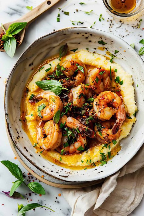 Honey Garlic Shrimp and Polenta Shrimp With Polenta Recipes, Sweet Polenta Breakfast, Polenta With Shrimp, Polenta And Shrimp Recipes, Shrimp Polenta Recipes, Shrimp And Corn Pasta, Chicken And Polenta Recipes, Shrimp And Polenta Recipes, Polenta Shrimp