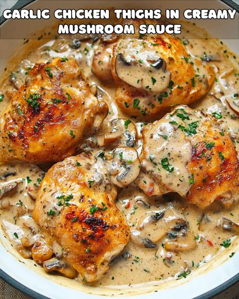 Garlic Chicken Thighs in Creamy Mushroom Sauce – Foodyhealthylife Healthy Creamy Mushroom Chicken, Best Boneless Chicken Thigh Recipes Ever, Chicken Thigh Lunch Recipes, Low Carb Bone In Chicken Thigh Recipes, Fitness Chicken Recipes, Creamy Garlic Chicken Thigh Recipes, Chicken Thighs Mushrooms Crockpot, Bariatric Chicken Thigh Recipes, Creamy Mushroom Chicken Thighs