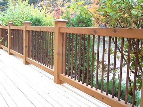 Cedar Deck Railing with Iron View more Deck Railing Ideas http://awoodrailing.com/2014/11/16/100s-of-deck-railing-ideas-designs/ Wood Deck Railing, Timber Frame Porch, Cabin Deck, Patio Railing, Deck Railing Design, Cedar Deck, Wooden Deck, Rustic Porch, Front Deck