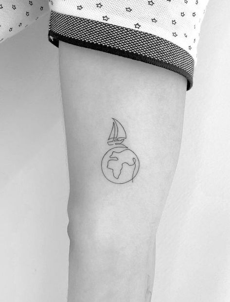 Minimalist boat and world tattoo for travelers by @cagridurmaz Tattoo For Every Country Visited, Travel Bestie Tattoos, Cruise Tattoo, Travel Tattoo Men, Roadtrip Tattoo, Travel Inspired Tattoos, Suitcase Tattoo, World Travel Tattoos, Pair Tattoos