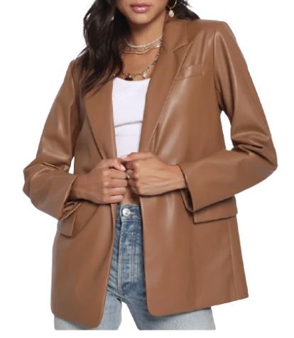 facf9f743b083008a894eee7baa16469desc41979965ri Brown Leather Blazer Outfit, Blazer Outfit For Women, Leather Blazer Outfit, Camel Leather Jacket, Brown Leather Blazer, Curated Wardrobe, Faux Leather Blazer, Spring Night, Outfit For Women